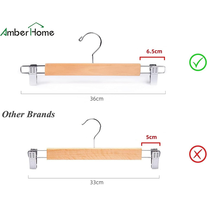 20 дерев'яних вішалок для одягу Amber Home 36 см: міцні, з антиковзними кліпсами та поворотним гачком