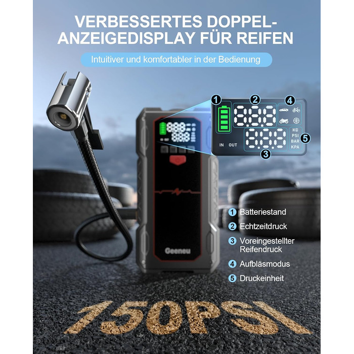 Бустер для авто Starthilfe Powerbank 6000A: пусковий пристрій з компресором 150PSI, 12V для бензинових (до 9л) та дизельних (до 7.5л) двигунів, чорний