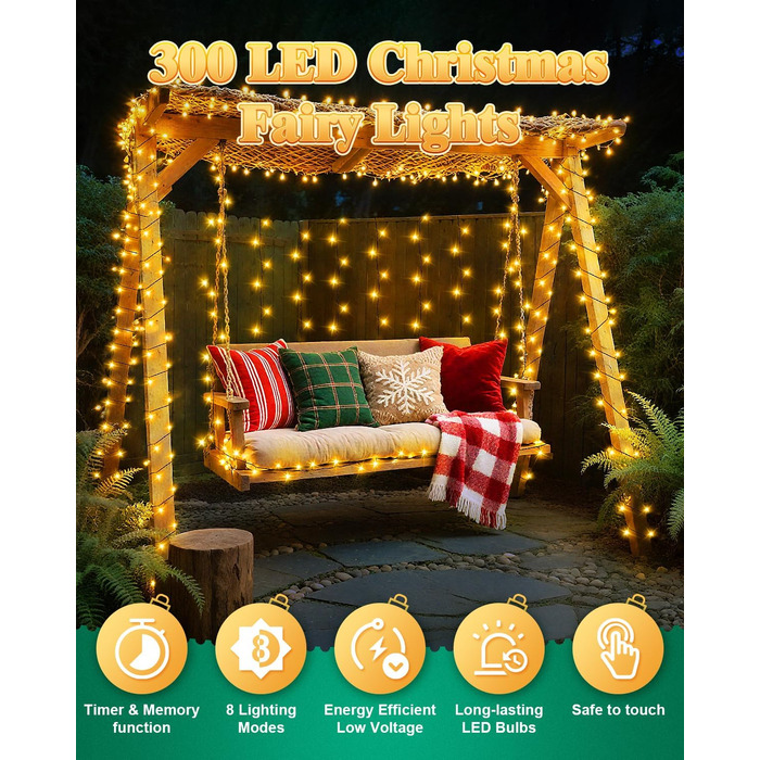 Світлодіодна гірлянда Dalugo для вулиці та ялинки, 500 LED, 30м, теплий білий колір, водонепроникна з таймером та 8 режимами освітлення