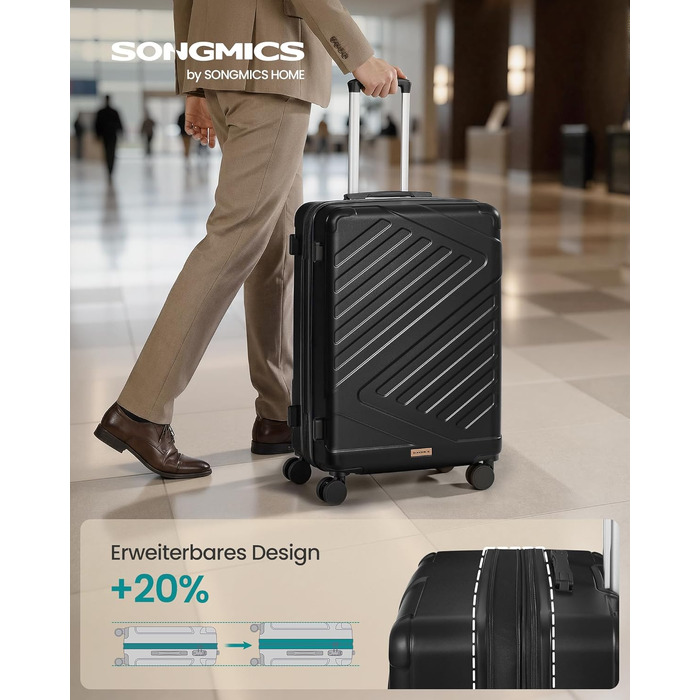 Валіза для подорожей SONGMICS, жорстка Expandable валіза з ABS-пластику, TSA-замок, 4 подвійні колеса, велика (L), 65 см, чорна (RLP002B101)