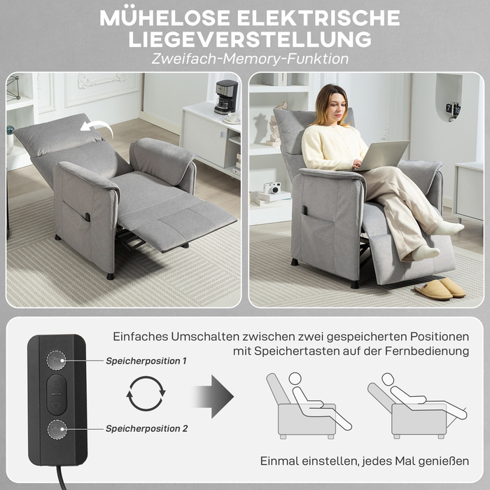 Реклайнер для електричного телевізора HOMCOM Recliner з функцією пам'яті, тихіший шум, функція відкидання Регульований реклайнер з імітацією Pet-Friendly Velvet, пульт дистанційного керування сірий