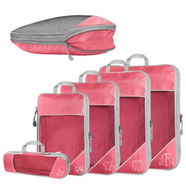 Набір компресійних органайзерів для подорожей Packing Cubes, 5 предметів, ультралегкі сумки для одягу в валізу та рюкзак, рожеві