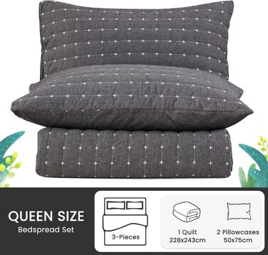 Покривало Qucover 220x240 см темно-сіре, бавовна, ультра м'яке, з вишивкою, стьобане, з 2 наволочками 50x75 см, на ліжко або диван