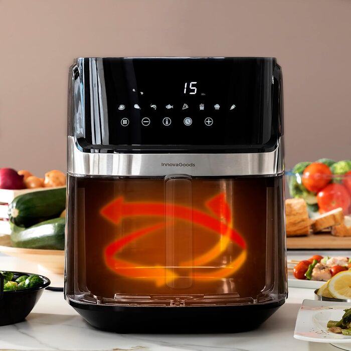 Аерофритюрниця InnovaGoods 5,5 л, 1700 Вт, 8 програм, сенсорний екран, 100 рецептів, таймер, 360° циркуляція повітря, для 4-6 осіб
