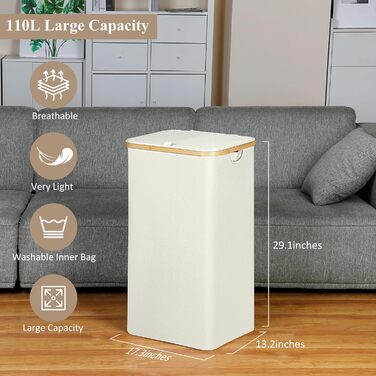 Кошик для білизни iEGrow з кришкою 110л, знімний і праний внутрішній мішок, для пральні, спальні, ванної, бежевий