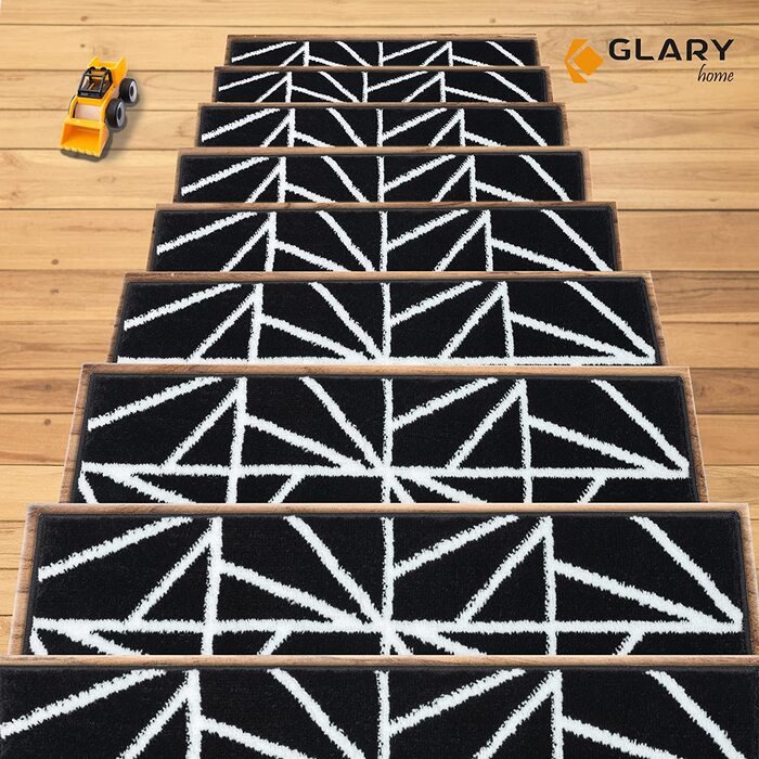 Набір 15 килимків на сходи Glary Home, самоклеючі, 22x71x1,2 см, трикутний візерунок, біло-чорний