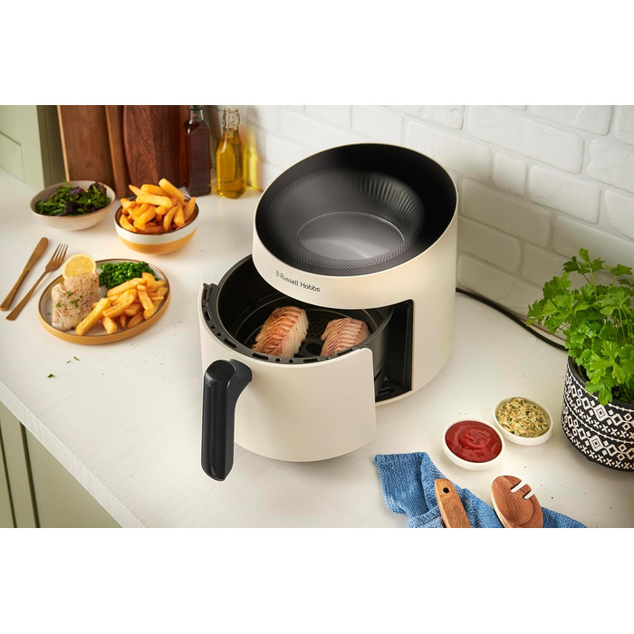 Аерофритюрниця Russell Hobbs SatisFry Panoramic 5 л, 10 програм, з оглядовим вікном, без олії, для фритюру, грилю, запікання та випікання, до 200°C, підходить для посудомийної машини, кремова, модель 27421-56