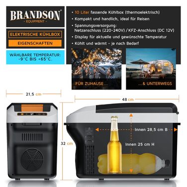Електричний автохолодильник Brandson 10L (230V/12V) з функцією охолодження та підігріву до 65°C, Cool Grey Schwarz