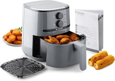 Navaris аерофритюрниця 4,3 л, 1500 Вт, без олії, сірий, антипригарне покриття, знімний кошик, компактна, Airfryer XXL