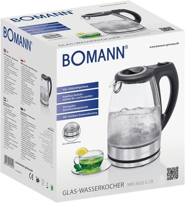 Електрочайник скляний Bomann WKS 6032 G CB, 1,7 л, скло-нерж. сталь, бездротовий, із захистом, обертовий на 360°