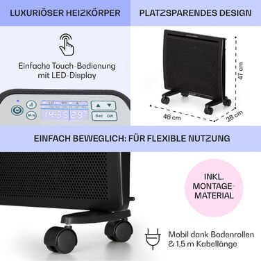 Електрообігрівач Klarstein Hot Spot Slimcurve Double 2-в-1, конвекційний та інфрачервоний, 1000 Вт, чорний, захист від перегріву, тижневий таймер, настінний або підлоговий монтаж, сталевий корпус