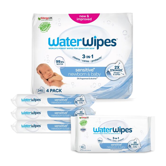 Дитячі вологі серветки WaterWipes Sensitive+ для новонароджених та чутливої шкіри, 99,9% води, 240 шт