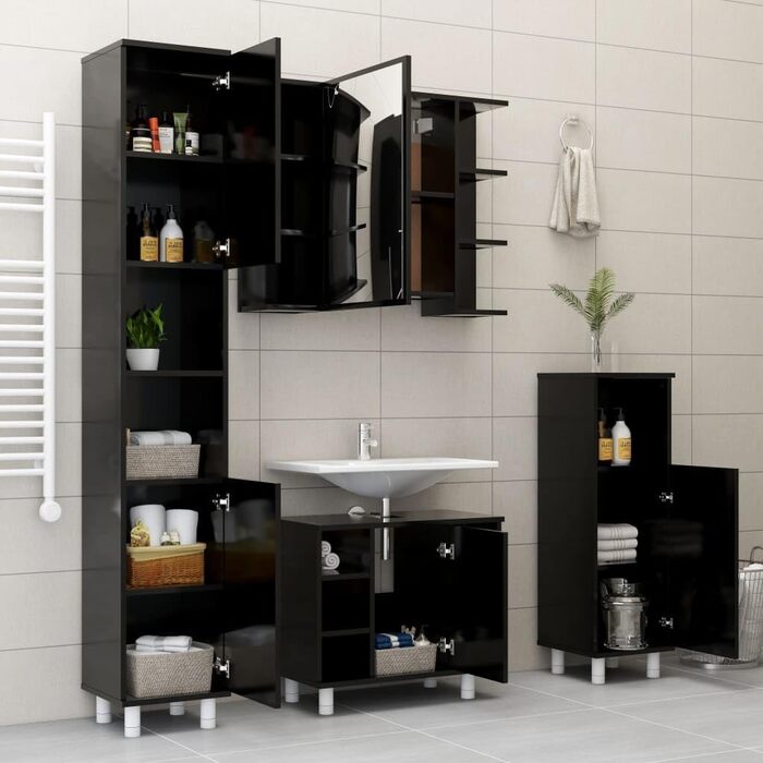 Шафа для ванної vidaXL, 3 полиці, 1 дверцята, чорна, 30x30x95 см, ДСП