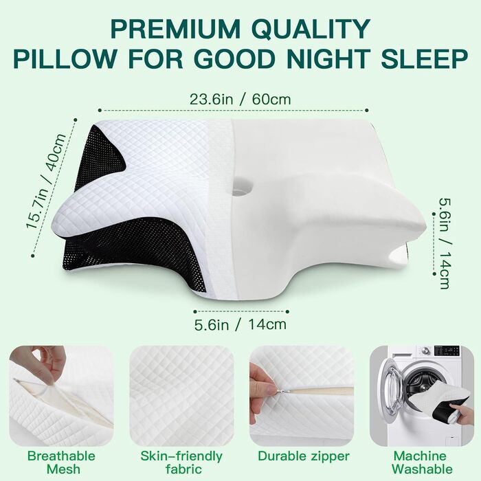 Подушка для шиї з піни Memory Foam 2-в-1, ергономічна, 60x40x12/14 см, чорна. Для спини, боку та живота.