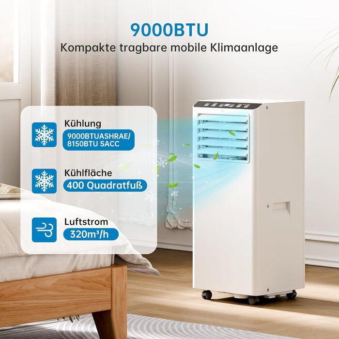 Мобільний кондиціонер 4-в-1 Leises 9000 BTU: охолодження, вентиляція, осушення, Follow-Me. Для кімнат до 43-51 м². З пультом, таймером на 24 год, цифровим дисплеєм та вивідним шлангом (білий)