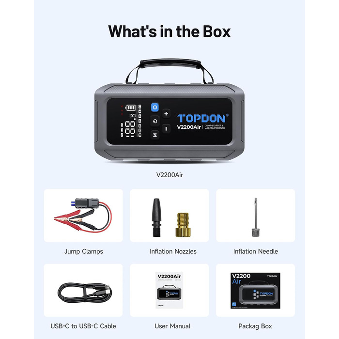 Пусковий пристрій TOPDON V2200 Air Jump Starter з компресором 150 PSI, бустер для авто (бензин до 8Л, дизель до 6Л), струм 2200А, LED-ліхтарем