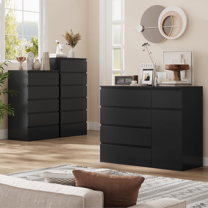 Комод FOREHILL чорний з 5 шухлядами і 1 дверцятами, 100x40x80 см, для спальні, вітальні, кабінету, коридору