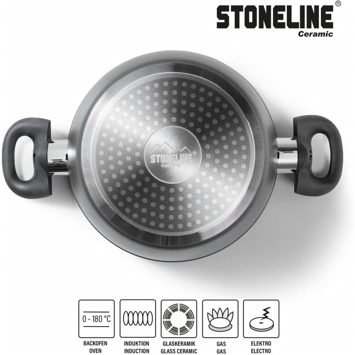 STONELINE Керамічний набір каструль для індукції, 6 предметів, з антипригарним покриттям та кам'яними частинками, скляні кришки, антрацит