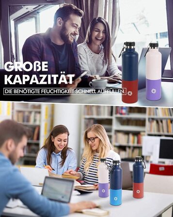 Термос-пляшка FEIJIAN 1л з карабіном, нержавіюча сталь, герметична, для води, газованих напоїв, чаю, кави, BPA-free, для спорту, школи, університету, велоспорту, кемпінгу, зелено-блакитна