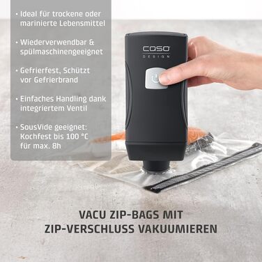 Набір для вакуумування CASO Vacu OneTouch Eco-Set: ручний вакууматор, 3 скляних контейнери, 10 ZIP-пакетів та стікери Food Manager, акумуляторний, чорний