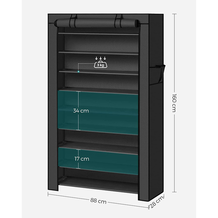 SONGMICS металевий стелаж для взуття на 10 рівнів, 28x88x160 см, з пилозахисним чохлом, органайзер для взуття, для підборів і спортивного взуття, чорний