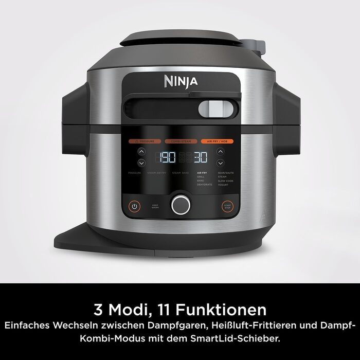 Мультифункціональна мультиварка Ninja Foodi SmartLid 6 л 11-в-1: скороварка, аерофритюрниця, повільне приготування, гриль, випічка, нержавіюча сталь, модель OL550EU