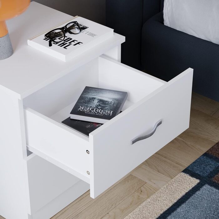 Тумба приліжкова Vida Designs Riano, біла, 2 шухляди з металевими ручками та напрямними, захист від деформації, меблі для спальні, 47x40x36 см