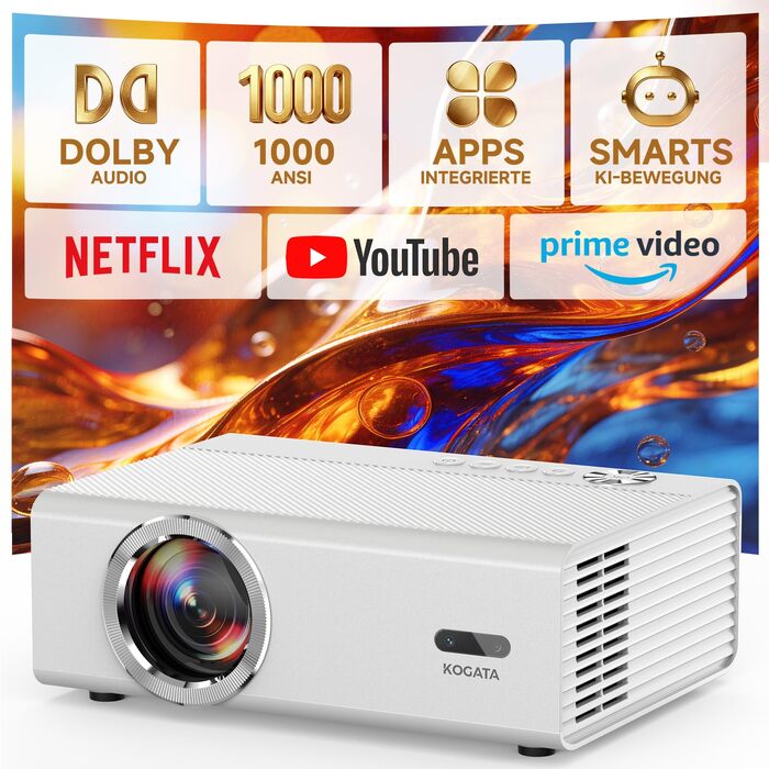 4K Smart проєктор KOGATA з Wi-Fi та Bluetooth, HDR10+, Автофокус, 6D Keystone. Підтримка Netflix, Dolby Audio. Для дому та вулиці, білий.