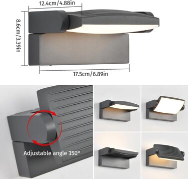 Стіна LED-світильник SANSHI зовнішній водонепроникний IP65, поворотна панель 350°, 12W, 3 режими кольору (3000K/4000K/6500K) для саду та тераси, темно-сірий