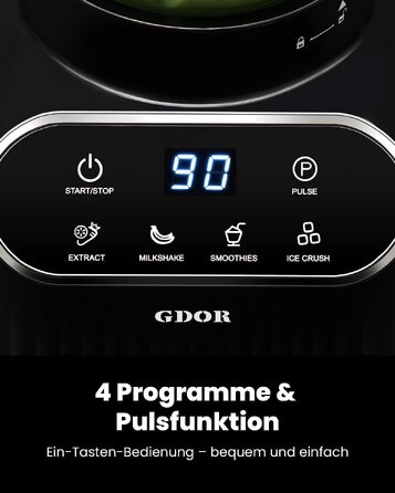 Професійний стаціонарний блендер GDOR 1200W з чашею зі скла 1.5л та To-Go стаканом 700мл, 5 програм, для смузі, льоду та заморожених фруктів, функція самоочищення