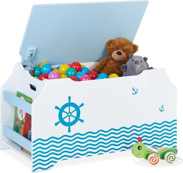 Іграшкова скриня Relaxdays Seemann з кришкою, 46x84x42,5 см, біло-синя, з відділенням для книг, ігрова коробка для зберігання іграшок