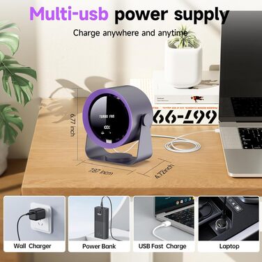 USB-вентилятор настільний з цифровим дисплеєм Wiederaufladbarer, 5 швидкостей, поворотний на 90°, для офісу, спальні, кухні, кемпінгу (Хакі)
