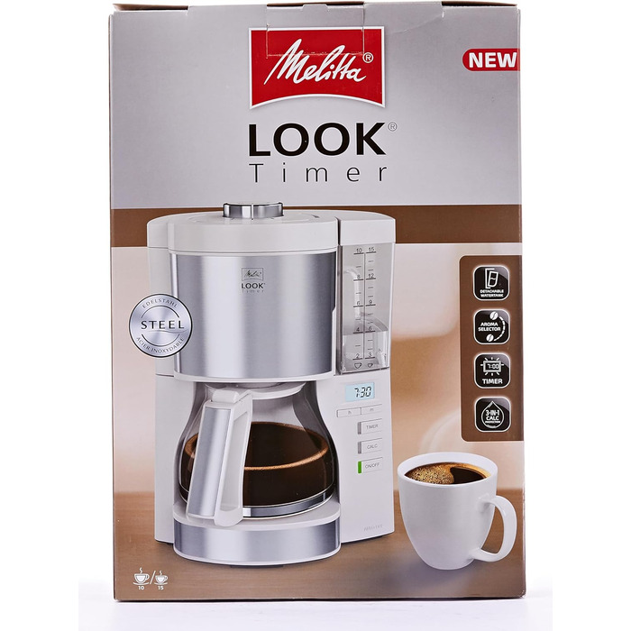 Кавоварка Melitta Look Timer з таймером, крапельна, 10 чашок, біла, скляна колба