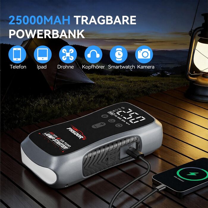 Бустер для авто 6000A Jump Starter Powerbank 20000mAh з компресором та LED-ліхтарем (до 10.0L бензин / 8.0L дизель)