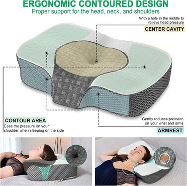Ортопедична подушка Elviros з Memory Foam для сну, ергономічна, проти болю в шиї та хропіння, для бокового та шлункового сну, біла, 60x38.6x9.9/13.5 см