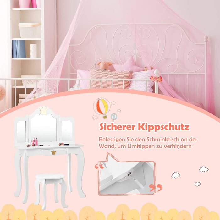 Дитячий туалетний столик DREAMADE з дзеркалом, стільчиком і шухлядою, білий дерев'яний косметичний стіл для дівчаток з фіксацією, знімним дзеркалом і захистом від перекидання