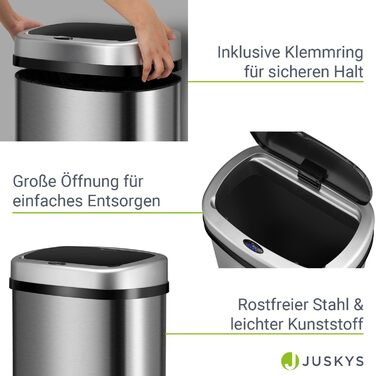 Смітник для кухні Juskys з сенсором руху, 60 л, сріблястий, з кришкою та тримачем пакета, нержавіюча сталь, безконтактне відкривання