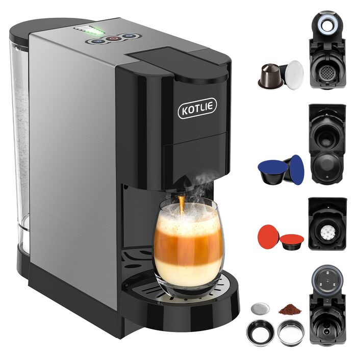 Кавомашина KOTLIE Espresso 4-в-1 для NES/Dolce Gusto/меленої кави/ESE (44мм), 19 Бар, Чорна