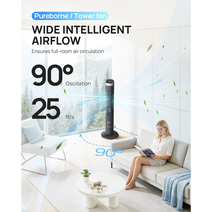 Вентилятор вежовий Leiser Smart 25дБ з осциляцією 90°, 4 режими, таймер 12 год, 109 см, чорний