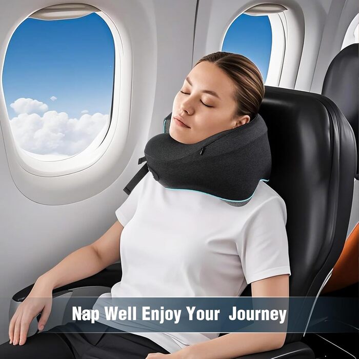 Подушка для шиї у літак з Memory Foam, регульовані ремені, дихаючий чохол, підтримка шиї для подорожей (літак, авто, поїзд). У комплекті: чохол для зберігання з гачком