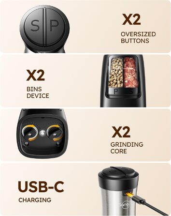 Електричний набір млинків для солі та перцю 2 в 1 Sangcon, USB-зарядка, автоматичний помол однією рукою, керамічні жернова з підсвічуванням, колір Metallic Gunmetal