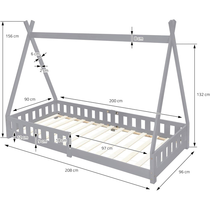 Дитяче ліжко Tipi ML-Design 90x200 см, світло-сіре, з бортиком і ламелями, з масиву сосни, індіанський будиночок для дівчаток і хлопчиків, ігрове ліжко-затишне намет-домік