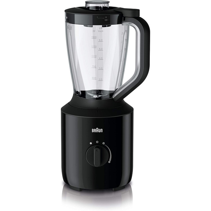 Блендер Braun PowerBlend 3 JB 3150 BK, 1,5 л, скляна чаша, 800 Вт, чорний, кухонний помічник для подрібнення, пюрування та змішування