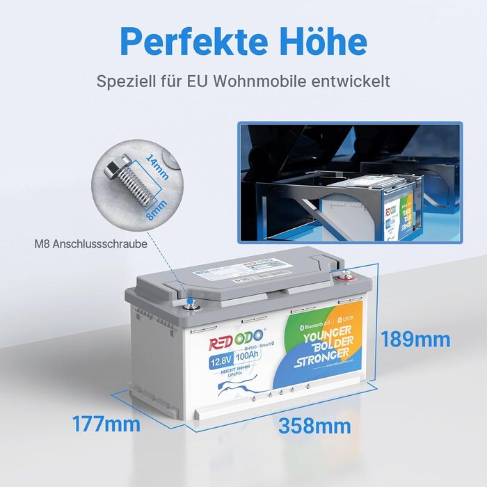 LiFePO4 акумулятор Redodo 12V 100Ah для підсидіння з Bluetooth та Smart BMS 100A, DIN H8/L5 (H190)