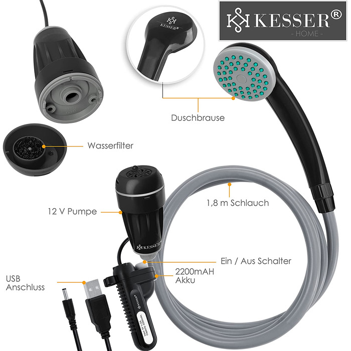 Портативний душ KESSER з акумуляторною насосною помпою 2200mAh, USB-зарядка, для кемпінгу, саду, авто, тварин, 12В