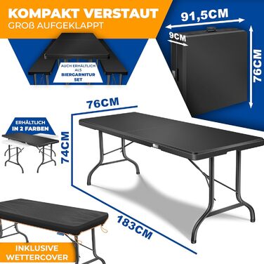 Стол KESSER® для пікніка, кемпінгу та саду, розкладний, 183x76 см, на 6 осіб, з чохлом та ручкою, антрацит