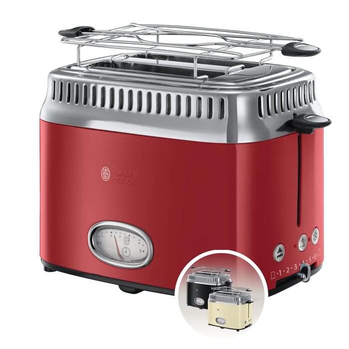 Тостер Russell Hobbs Retro 21680-56, нержавіюча сталь, червоний, 2 тости, 6 режимів, розморожування, підігрів