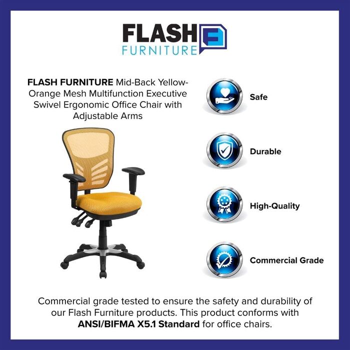 Ергономічне офісне крісло Flash Furniture, жовтогаряче, з регульованими підлокітниками, мультифункціональний комп'ютерний стілець, 68.6x64.8x112.4 см