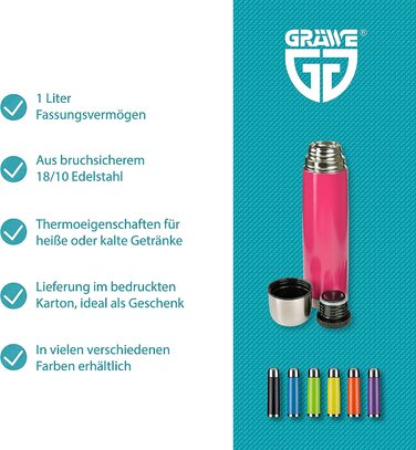 Термос GRÄWE 1 л з нержавіючої сталі, ізольована пляшка для напоїв, герметична, з чашкою, підходить для посудомийки, рожевий