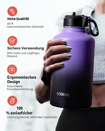 Термобутилка Coolflask з соломиною та 3 кришками, сталева ізольована пляшка для води 2Л для спорту та офісу, герметична, Фіолетовий/Чорний